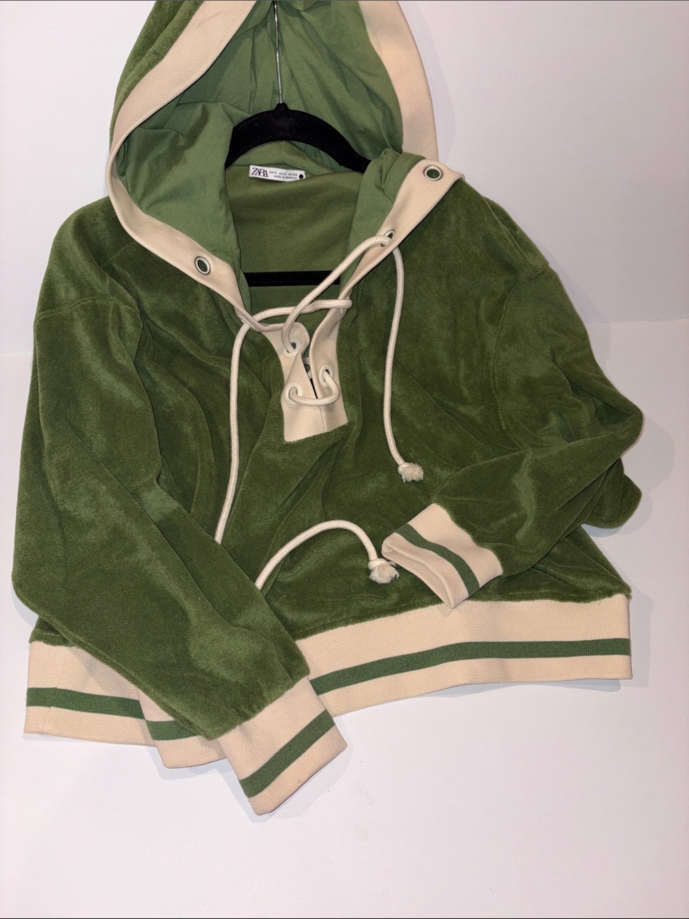 ZARA Olive Green Terry Hoodie Resort Wear with Cream Trim